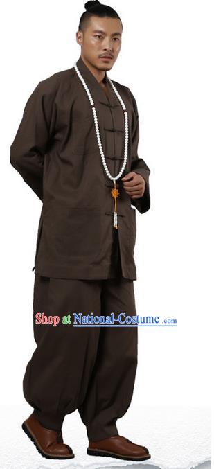 Traditional Chinese Kung Fu Costume Martial Arts Linen Plated Buttons Coffee Suits Pulian Clothing, China Tang Suit Uniforms Tai Chi Monk Meditation Clothing for Men