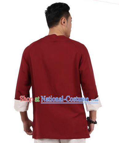 Traditional Chinese Kung Fu Costume Martial Arts Linen Plated Buttons Wine Red Shirts Pulian Clothing, China Tang Suit Jacket Tai Chi Meditation Upper Outer Garment for Men