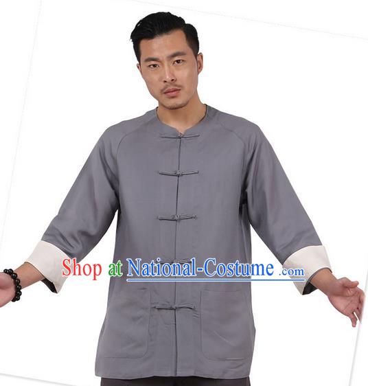 Traditional Chinese Kung Fu Costume Martial Arts Linen Plated Buttons Grey Shirts Pulian Clothing, China Tang Suit Jacket Tai Chi Meditation Upper Outer Garment for Men