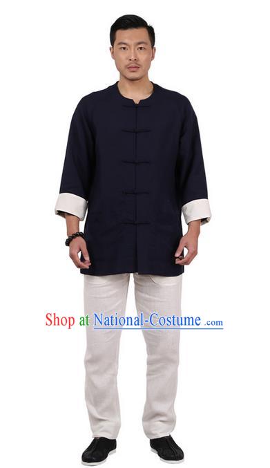 Traditional Chinese Kung Fu Costume Martial Arts Linen Plated Buttons Navy Shirts Pulian Clothing, China Tang Suit Jacket Tai Chi Meditation Upper Outer Garment for Men