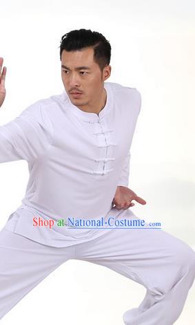 Traditional Chinese Kung Fu Costume Martial Arts Linen Plated Buttons White Suits Pulian Meditation Clothing, China Tang Suit Uniforms Tai Chi Clothing for Men