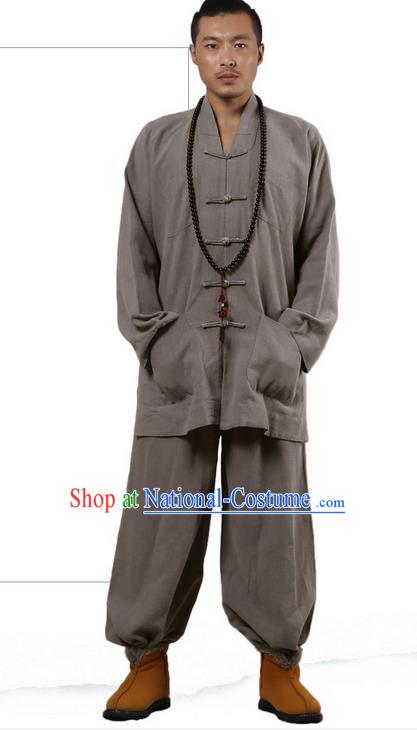 Traditional Chinese Kung Fu Costume Martial Arts Ramie Long Sleeve Grey Plated Buttons Uniforms Pulian Clothing, China Tang Suit Tai Chi Meditation Clothing for Men