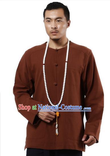 Traditional Chinese Kung Fu Costume Martial Arts Ramie Long Sleeve Shirts Pulian Clothing, China Tang Suit Tai Chi Meditation Coffee Overshirts for Men