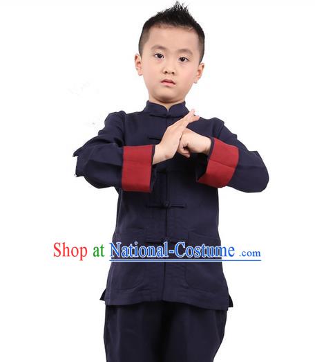 Traditional Chinese Kung Fu Costume, Children Martial Arts Linen Long Sleeve Suits Pulian Clothing, China Tang Suit Tai Chi Meditation Navy Uniforms for Kids