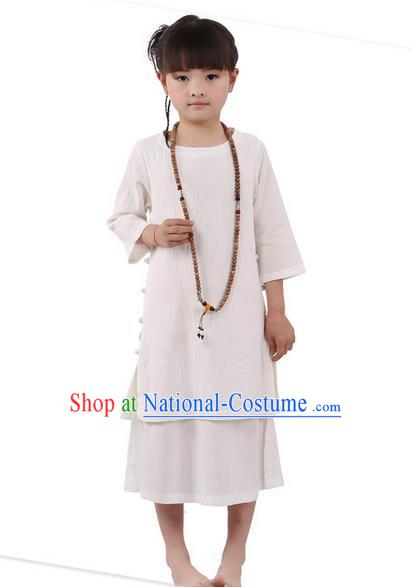 Traditional Chinese Cheongsam Costume, Children Meditation Linen Dress Pulian Clothing, China Tang Suit Tai Chi Zen Beige Dress for Kids