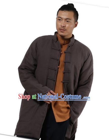 Traditional Chinese Kung Fu Costume Martial Arts Linen Plated Buttons Cotton-padded Coats Pulian Clothing, China Tang Suit Grey Jacket Tai Chi Meditation Upper Outer Garment for Men