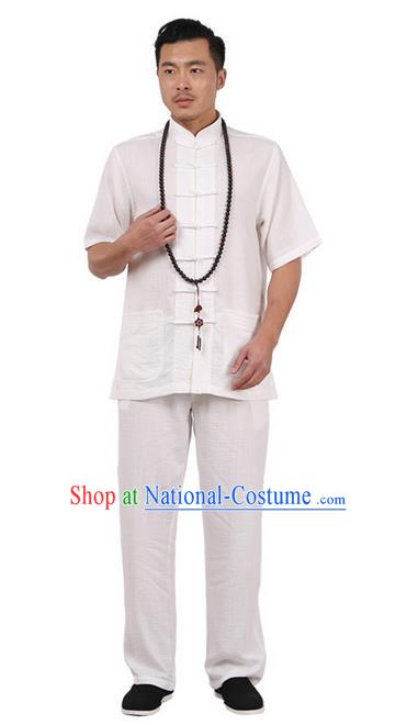 Traditional Chinese Kung Fu Costume Martial Arts Linen Plated Buttons Short Sleeve White Uniforms Pulian Clothing, China Tang Suit Tai Chi Meditation Clothing for Men