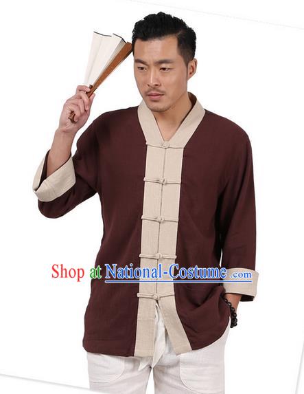 Traditional Chinese Kung Fu Costume Martial Arts Linen Plated Buttons Shirts Pulian Clothing, China Tang Suit Tai Chi Overshirt Coffee Upper Outer Garment for Men