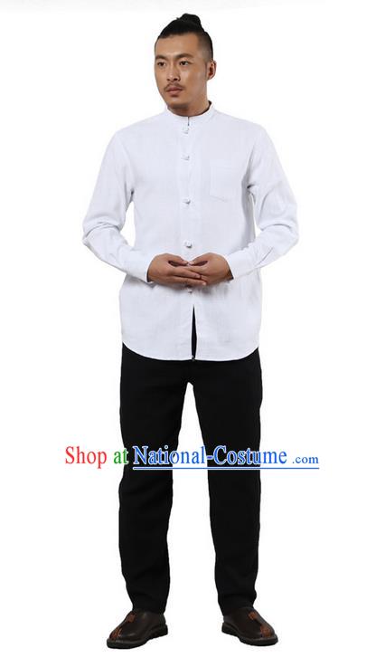 Traditional Chinese Kung Fu Costume Martial Arts Linen Plated Buttons Shirts Pulian Clothing, China Tang Suit Tai Chi Stand Collar Overshirt White Upper Outer Garment for Men