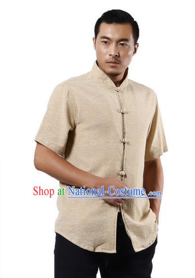 Traditional Chinese Kung Fu Costume Martial Arts Linen Short Sleeve Shirts Pulian Clothing, China Tang Suit Tai Chi Plated Buttons Overshirt Beige Upper Outer Garment for Men