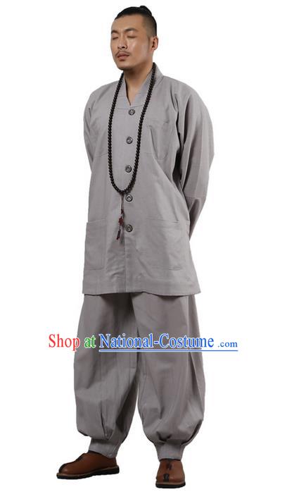 Traditional Chinese Kung Fu Costume Martial Arts Linen Long Sleeve Grey Monk Uniforms Pulian Clothing, China Tang Suit Tai Chi Meditation Clothing for Men