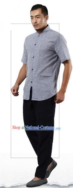 Traditional Chinese Kung Fu Costume Martial Arts Linen Short Sleeve Shirts Pulian Clothing, China Tang Suit Tai Chi Plated Buttons Overshirt Blue Upper Outer Garment for Men