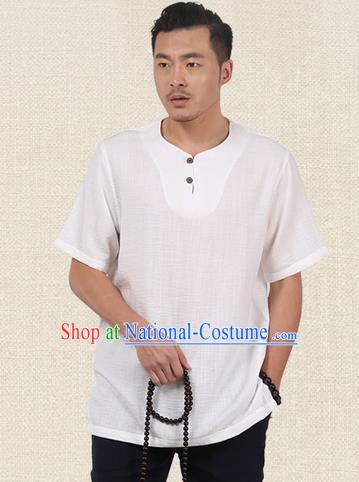 Traditional Chinese Kung Fu Costume Martial Arts Linen Short Sleeve T-Shirts Pulian Clothing, China Tang Suit Tai Chi Overshirt White Upper Outer Garment for Men