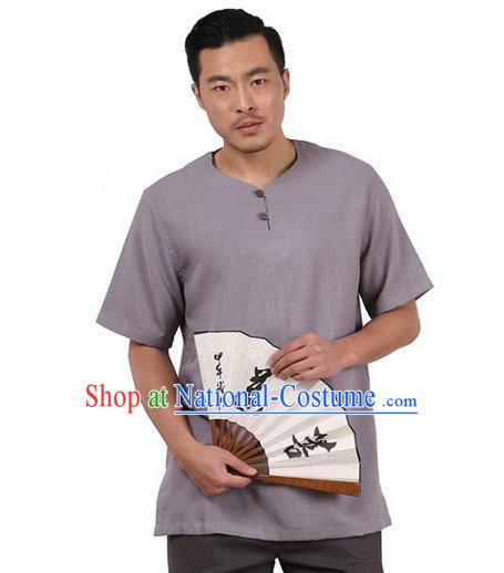 Traditional Chinese Kung Fu Costume Martial Arts Linen Short Sleeve T-Shirts Pulian Clothing, China Tang Suit Tai Chi Overshirt Grey Upper Outer Garment for Men