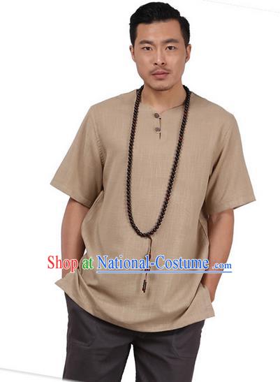 Traditional Chinese Kung Fu Costume Martial Arts Linen Short Sleeve T-Shirts Pulian Clothing, China Tang Suit Tai Chi Overshirt Khaki Upper Outer Garment for Men