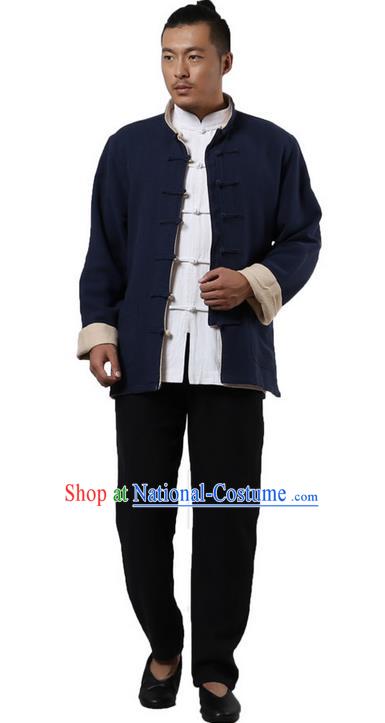 Traditional Chinese Kung Fu Costume Martial Arts Linen Double Side Coats Pulian Clothing, China Tang Suit Tai Chi Overcoat Beige and Navy Jackets for Men