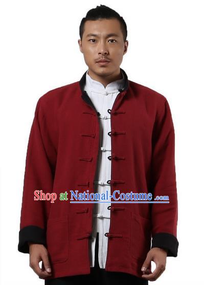 Traditional Chinese Kung Fu Costume Martial Arts Linen Double Side Coats Pulian Clothing, China Tang Suit Tai Chi Overcoat Red and Black Jackets for Men