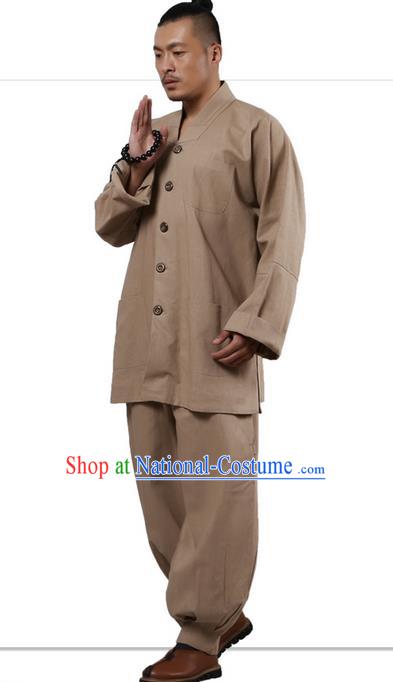 Traditional Chinese Kung Fu Costume Martial Arts Linen Long Sleeve Khaki Monk Uniforms Pulian Clothing, China Tang Suit Tai Chi Meditation Clothing for Men