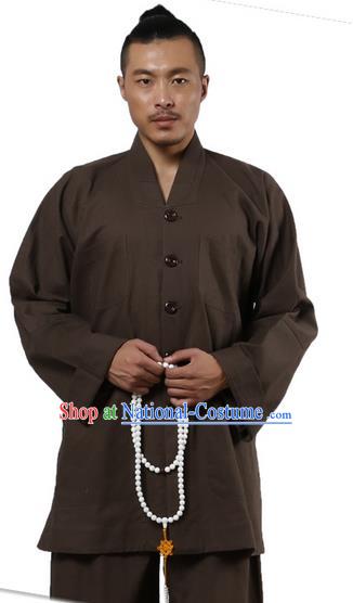 Traditional Chinese Kung Fu Costume Martial Arts Linen Long Sleeve Brown Monk Uniforms Pulian Clothing, China Tang Suit Tai Chi Meditation Clothing for Men