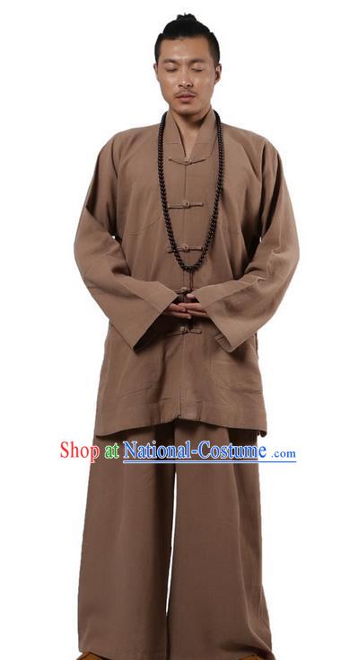 Traditional Chinese Kung Fu Costume Martial Arts Ramie Long Sleeve Khaki Plated Buttons Uniforms Pulian Clothing, China Tang Suit Tai Chi Meditation Clothing for Men