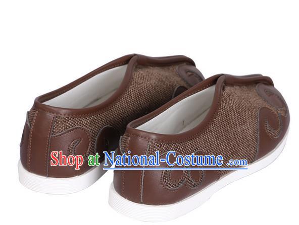 Top Chinese Traditional Tai Chi Brown Linen Shoes Kung Fu Pulian Shoes Martial Arts Shoes for Men