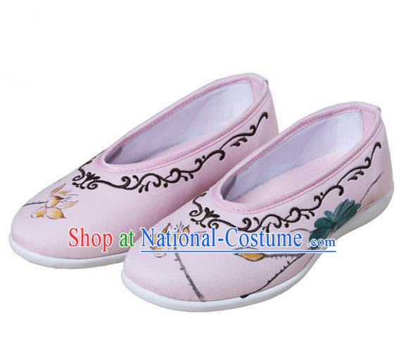 Top Chinese Traditional Tai Chi Embroidered Lotus Linen Shoes Kung Fu Pulian Shoes Martial Arts Pink Shoes for Women