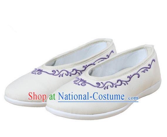 Top Chinese Traditional Tai Chi Embroidered Linen Shoes Kung Fu Pulian Shoes Martial Arts Beige Shoes for Women