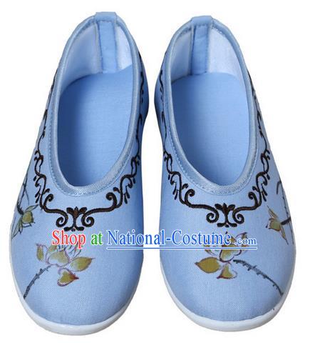 Top Chinese Traditional Tai Chi Embroidered Lotus Linen Shoes Kung Fu Pulian Shoes Martial Arts Blue Shoes for Women