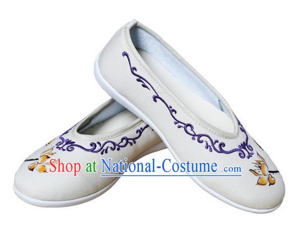 Top Chinese Traditional Tai Chi Embroidered Lotus Linen Shoes Kung Fu Pulian Shoes Martial Arts Beige Shoes for Women