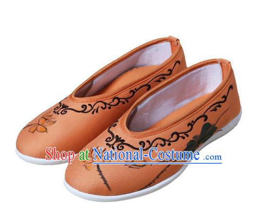 Top Chinese Traditional Tai Chi Embroidered Lotus Linen Shoes Kung Fu Pulian Shoes Martial Arts Orange Shoes for Women