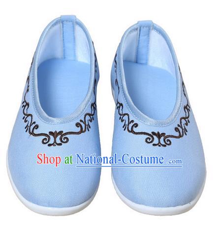 Top Chinese Traditional Tai Chi Embroidered Linen Shoes Kung Fu Pulian Shoes Martial Arts Blue Shoes for Women