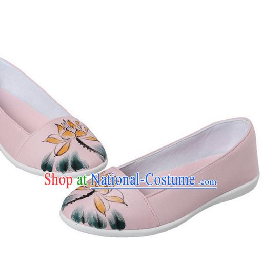 Top Chinese Traditional Tai Chi Hand Painting Lotus Linen Shoes Kung Fu Pulian Shoes Martial Arts Pink Shoes for Women