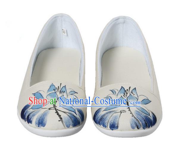 Top Chinese Traditional Tai Chi Hand Painting Lotus Linen Shoes Kung Fu Pulian Shoes Martial Arts Beige Shoes for Women