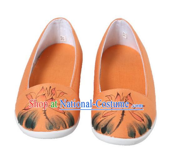 Top Chinese Traditional Tai Chi Hand Painting Lotus Linen Shoes Kung Fu Pulian Shoes Martial Arts Orange Shoes for Women