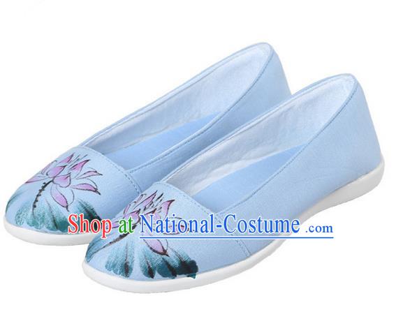 Top Chinese Traditional Tai Chi Hand Painting Lotus Linen Shoes Kung Fu Pulian Shoes Martial Arts Blue Shoes for Women