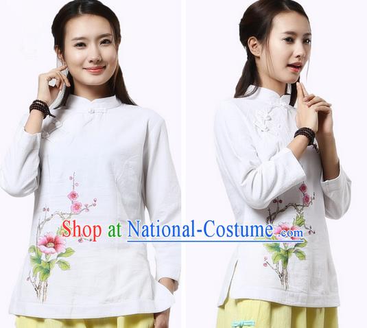 Top Chinese Traditional Costume Tang Suit White Blouse, Pulian Clothing China Cheongsam Upper Outer Garment Painting Trumpet Flower Plated Buttons Shirts for Women