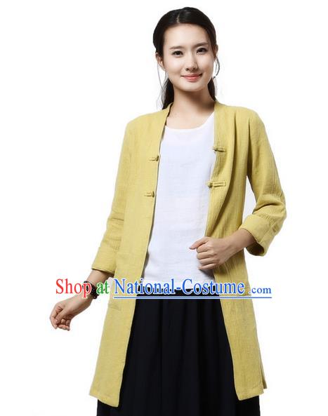 Top Chinese Traditional Costume Tang Suit Yellow Coats, Pulian Zen Clothing China Cheongsam Upper Outer Garment Plated Buttons Dust Coats for Women