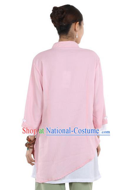 Top Chinese Traditional Costume Tang Suit Double-deck Linen Blouse, Pulian Clothing China Cheongsam Upper Outer Garment Pink Plated Buttons Shirt for Women