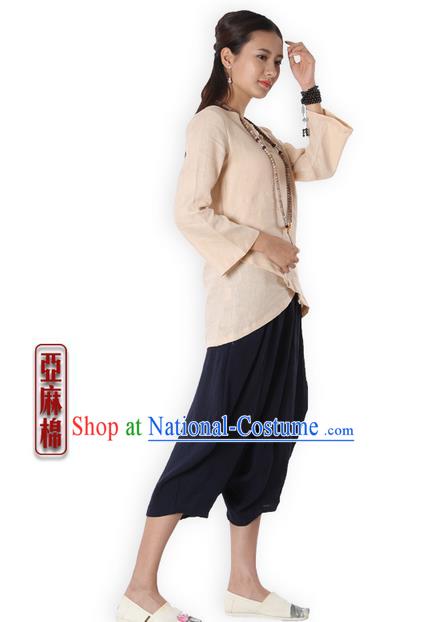 Top Chinese Traditional Costume Tang Suit Beige Blouse, Pulian Zen Clothing China Cheongsam Upper Outer Garment Plated Buttons Shirts for Women