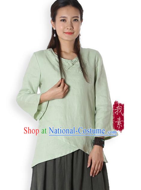 Top Chinese Traditional Costume Tang Suit Green Blouse, Pulian Zen Clothing China Cheongsam Upper Outer Garment Plated Buttons Shirts for Women