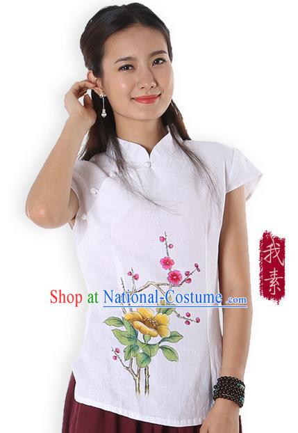 Top Chinese Traditional Costume Tang Suit White Linen Painting Trumpet Flower Blouse, Pulian Zen Clothing China Cheongsam Upper Outer Garment Stand Collar Shirts for Women