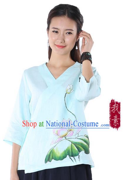 Top Chinese Traditional Costume Tang Suit Blue Painting Pink Lotus Blouse, Pulian Zen Clothing China Cheongsam Upper Outer Garment Slant Opening Shirts for Women