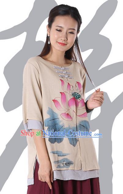 Top Chinese Traditional Costume Tang Suit Double-deck Khaki Painting Lotus Blouse, Pulian Zen Clothing China Cheongsam Upper Outer Garment Plated Buttons Shirts for Women