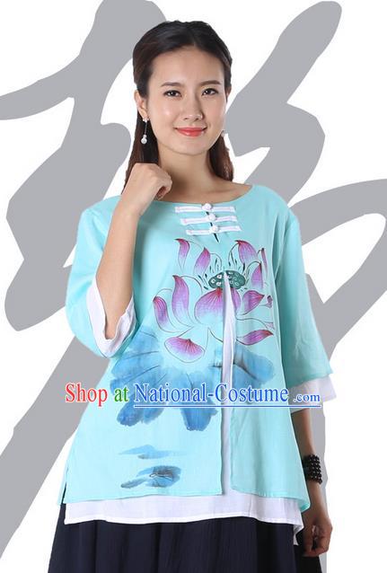 Top Chinese Traditional Costume Tang Suit Double-deck Blue Painting Lotus Blouse, Pulian Zen Clothing China Cheongsam Upper Outer Garment Plated Buttons Shirts for Women