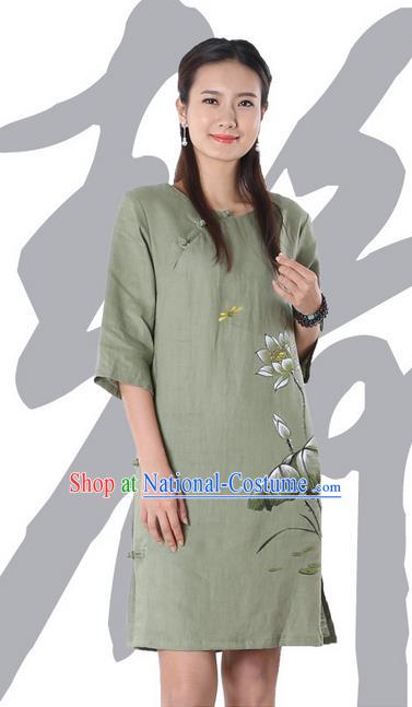 Top Chinese Traditional Costume Tang Suit Green Linen Qipao Painting Lotus Yoga Dress, Pulian Clothing Republic of China Cheongsam Upper Outer Garment Dress for Women