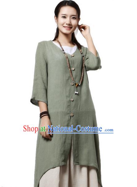 Top Chinese Traditional Costume Tang Suit Green Linen Qipao Coats, Pulian Clothing Republic of China Upper Outer Garment Dust Coats for Women