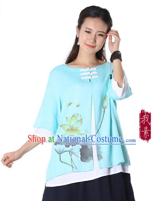 Top Chinese Traditional Costume Tang Suit Double-deck Blue Ink Painting Lotus Blouse, Pulian Zen Clothing China Cheongsam Upper Outer Garment Plated Buttons Shirts for Women