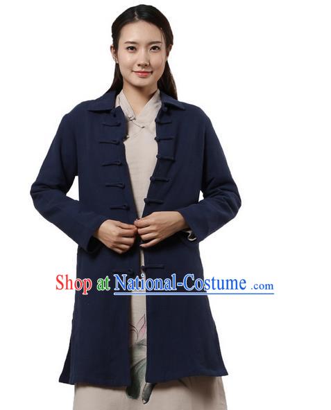 Top Chinese Traditional Costume Tang Suit Plated Buttons Coats, Pulian Clothing Republic of China Cheongsam Navy Dust Coats for Women