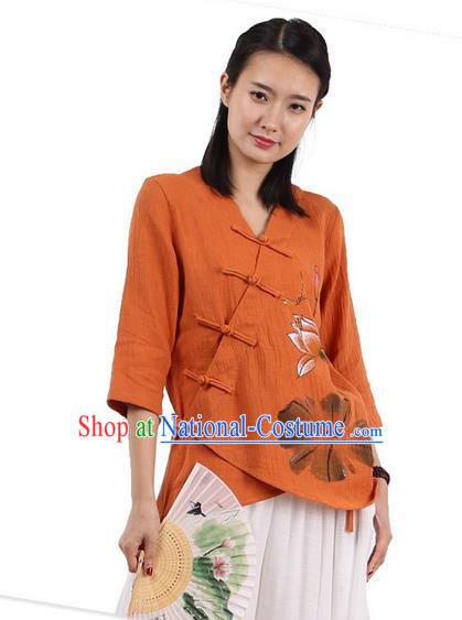 Top Chinese Traditional Costume Tang Suit Slant Opening Painting Lotus Orange Blouse, Pulian Zen Clothing China Cheongsam Upper Outer Garment Plated Buttons Shirts for Women