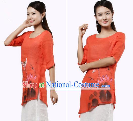 Top Chinese Traditional Costume Tang Suit Painting Lotus Orange Blouse, Pulian Zen Clothing China Cheongsam Dress Upper Outer Garment Shirts for Women